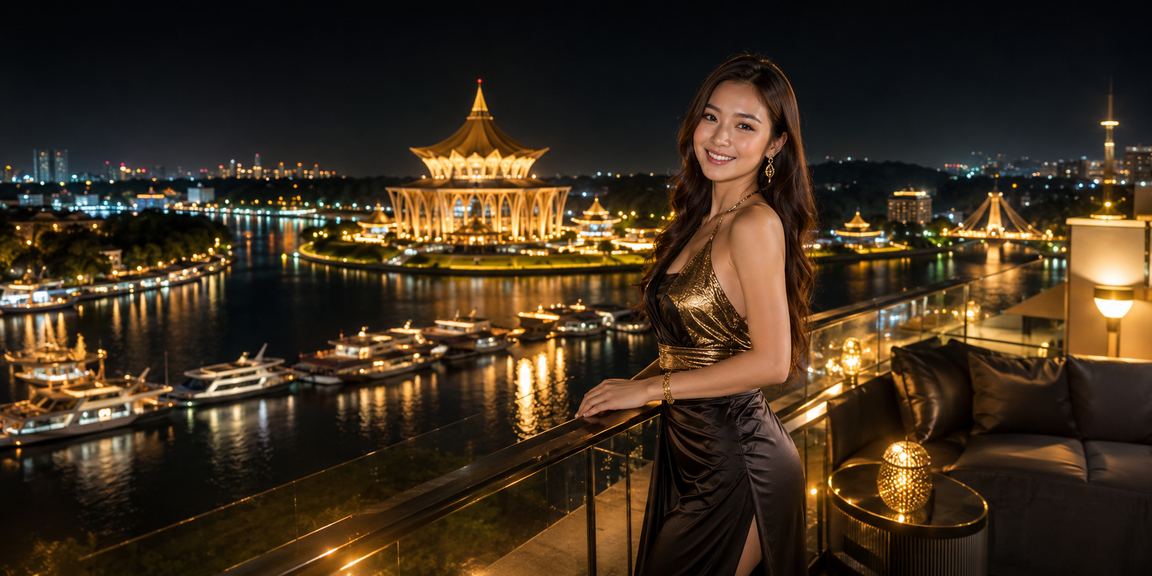 A stylish Malaysian-themed live casino atmosphere in Sarawak with professional dealer tables